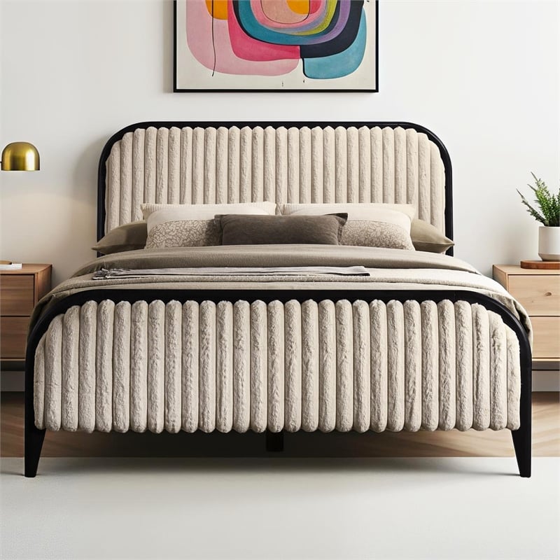 Pemberly Row Wooden Queen Size Channeled Platform Bed in Black and Beige