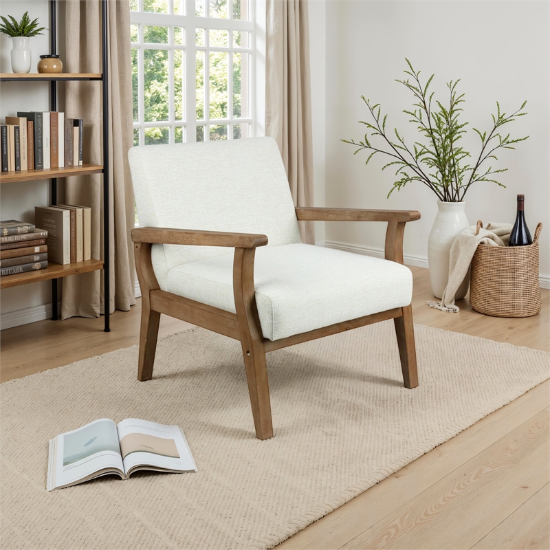 Pemberly Row Solid Wood and Fabric Upholstered Accent Armchair in Light Beige