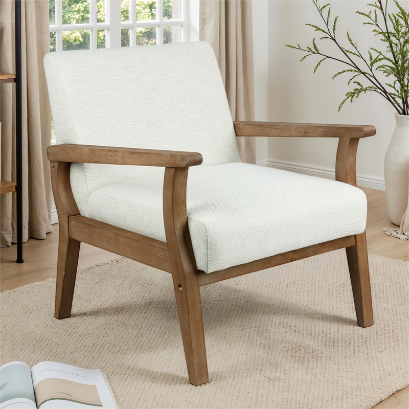 Pemberly Row Solid Wood and Fabric Upholstered Accent Armchair in Light Beige