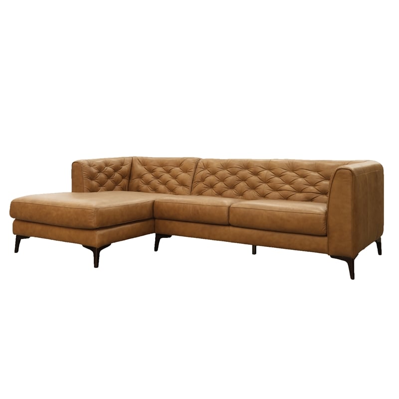 Pemberly Row Tufted Genuine Leather L-Shaped Sectional Sofa in Tan