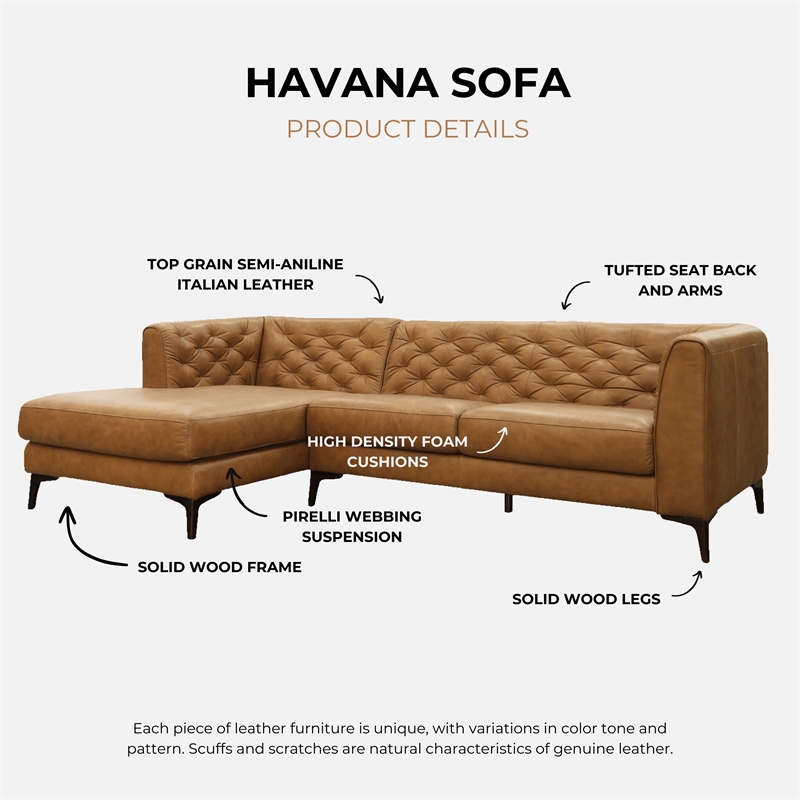 Pemberly Row Tufted Genuine Leather L-Shaped Sectional Sofa in Tan