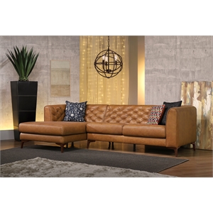 Pemberly Row Tufted Genuine Leather L-Shaped Sectional Sofa in Tan