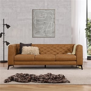 Pemberly Row 90&quot Tufted Genuine Leather Sofa with Wood Frame in Tan