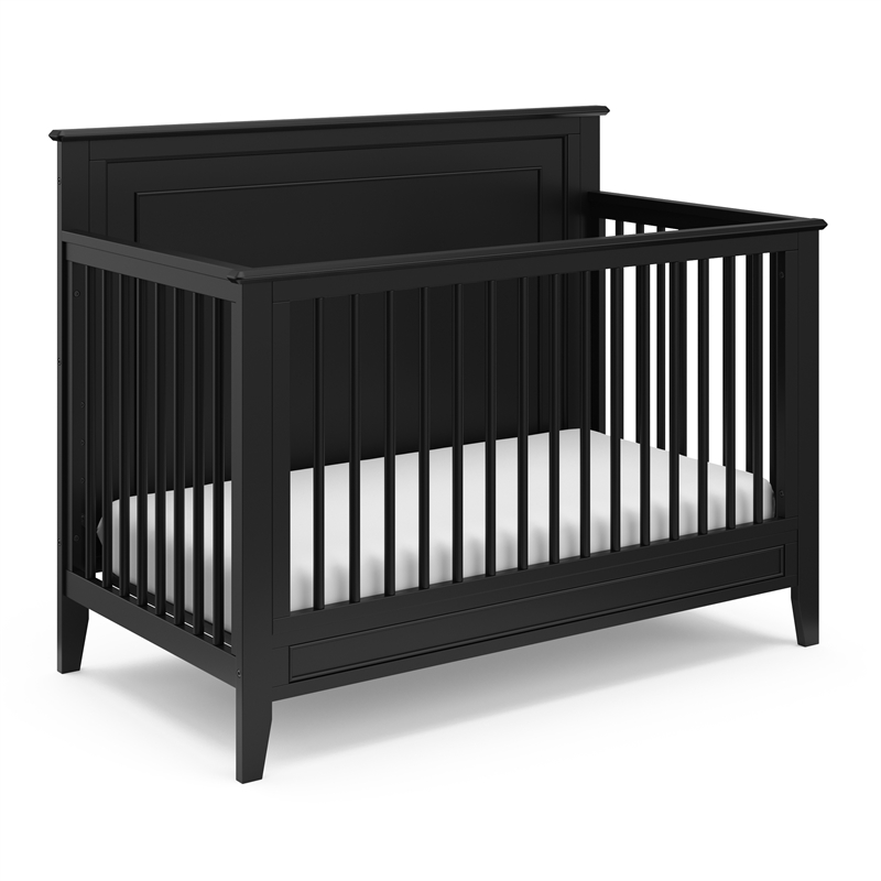 Pemberly Row 4-in-1 Pine Wood Convertible Crib with Dowel Sides in Black
