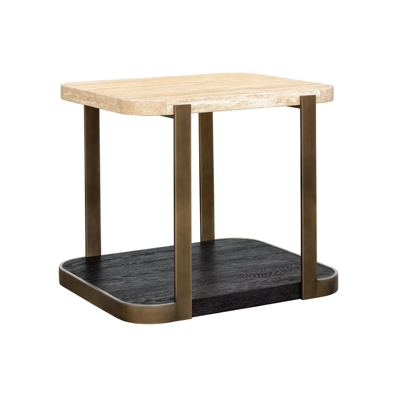 Pemberly Row Travertine Stone and Metal End Table in Espresso Oak