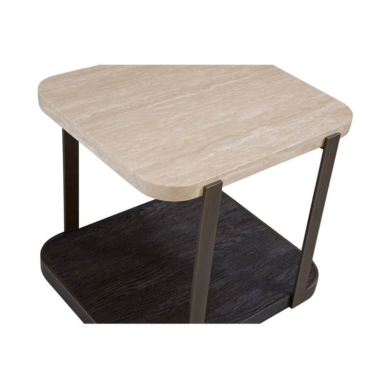 Pemberly Row Travertine Stone and Metal End Table in Espresso Oak