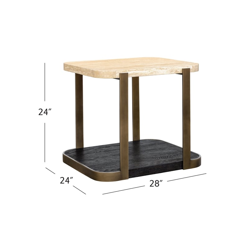 Pemberly Row Travertine Stone and Metal End Table in Espresso Oak