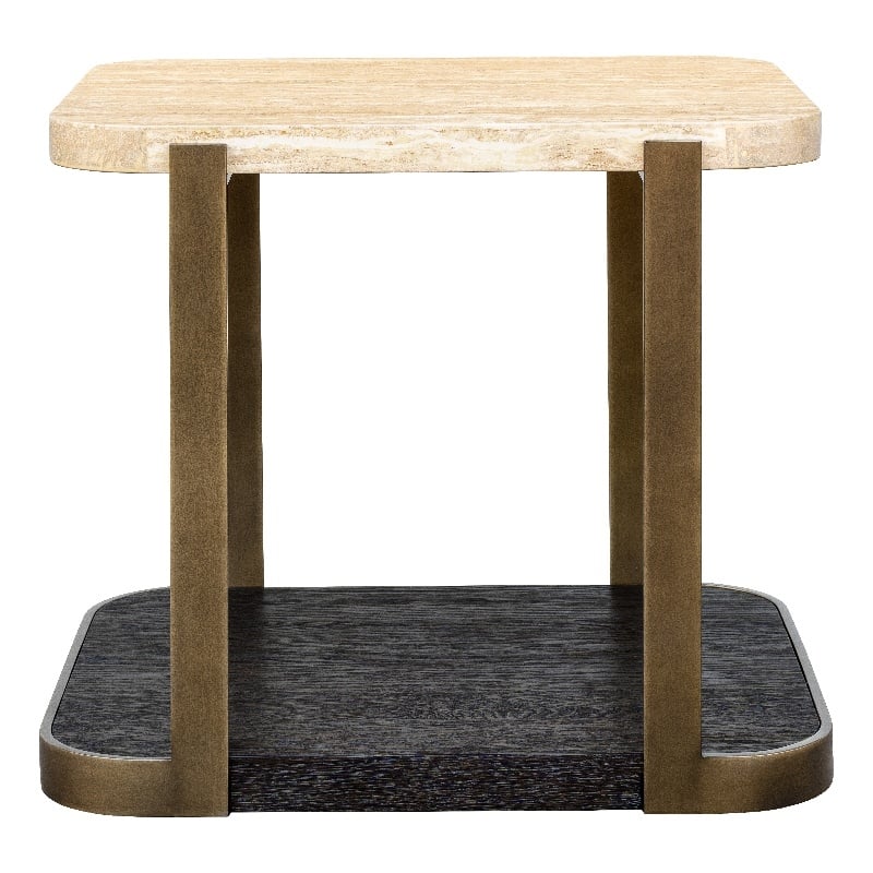 Pemberly Row Travertine Stone and Metal End Table in Espresso Oak