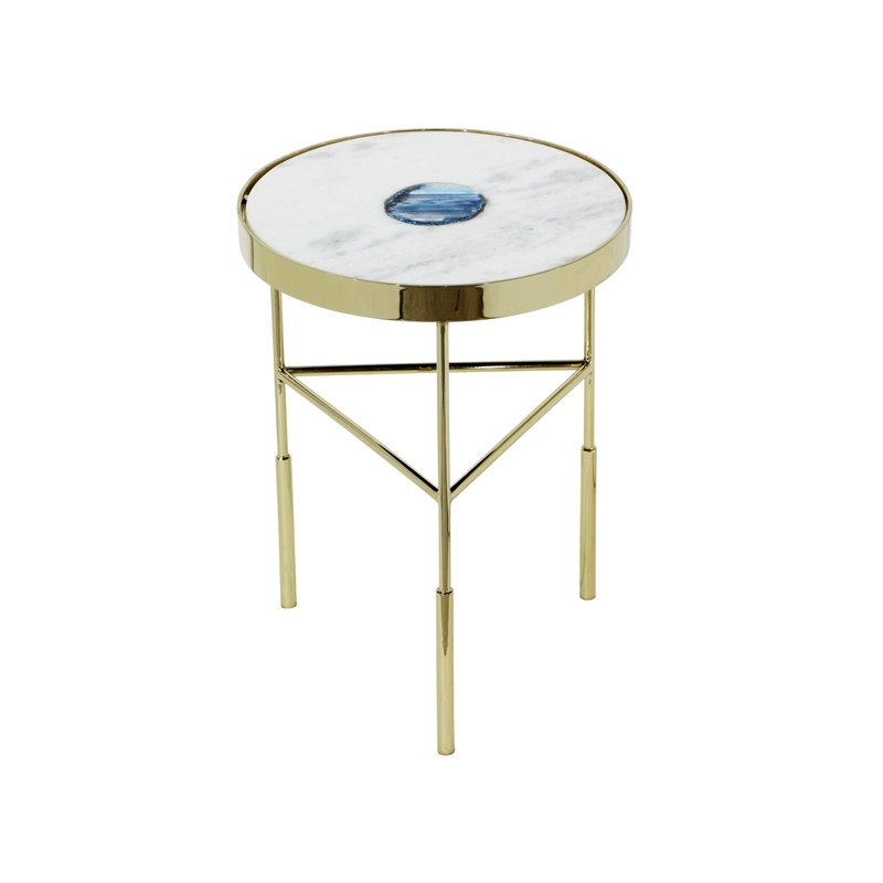 Pemberly Row Gold and White Marble Accent Table with Agate Inset