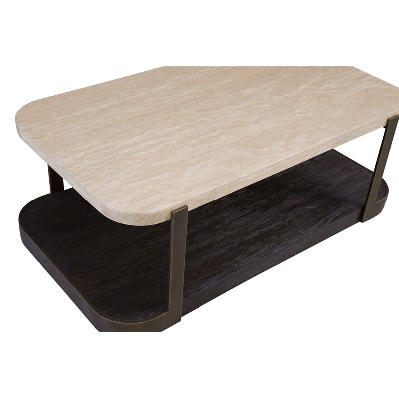 Pemberly Row Travertine Stone and Metal Coffee Table in Espresso Oak