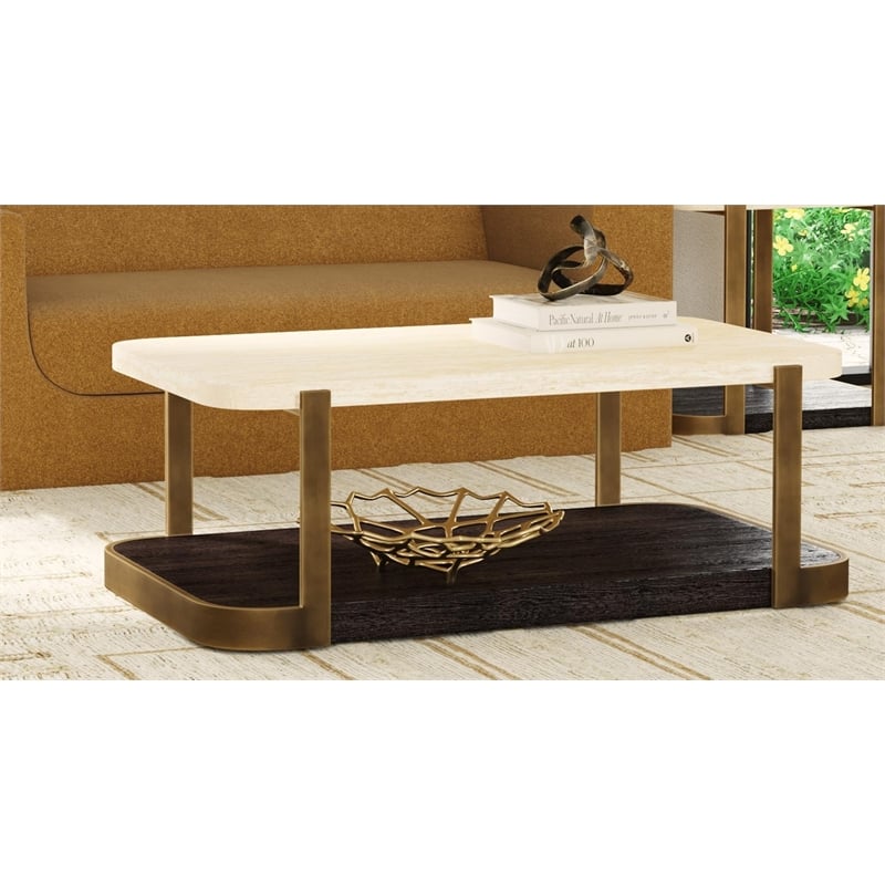 Pemberly Row Travertine Stone and Metal Coffee Table in Espresso Oak