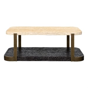 Pemberly Row Travertine Stone and Metal Coffee Table in Espresso Oak