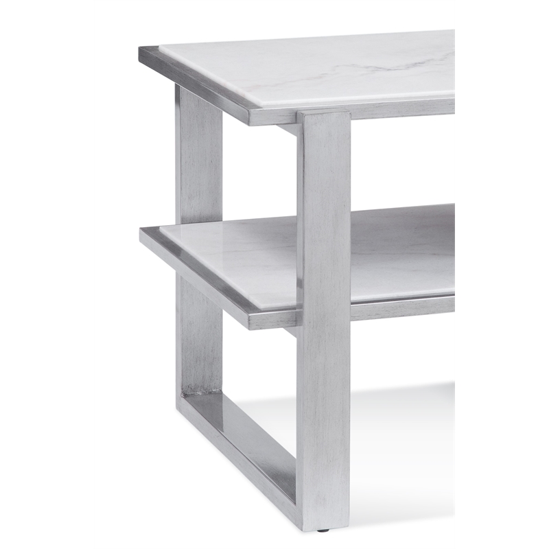 Pemberly Row Modern Square White Marble End Table in Silver Frame