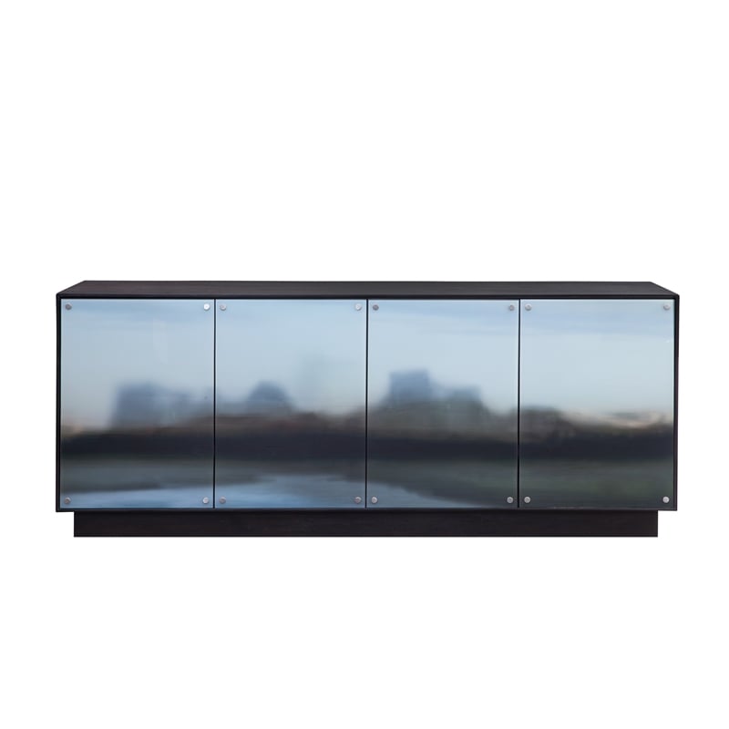 Pemberly Row Hardwood Server with Glass Doors in Dark Brown Oak