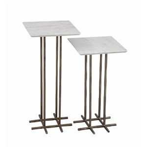 Pemberly Row White Marble Accent Table Set of 2 with Gold Iron Base