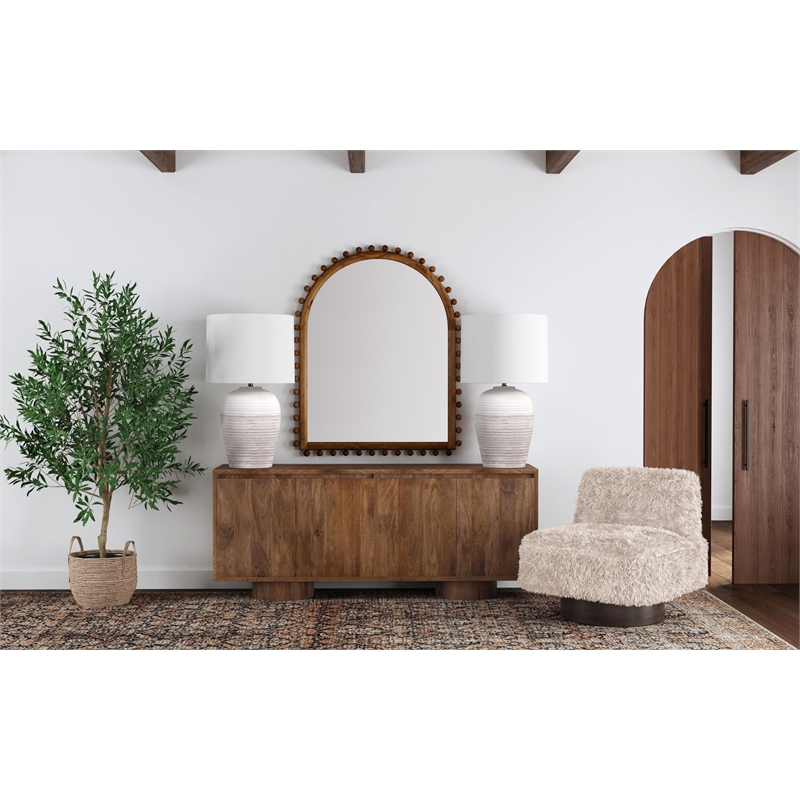 Pemberly Row Boho Wood Wall Mirror with Knob Accents in Natural