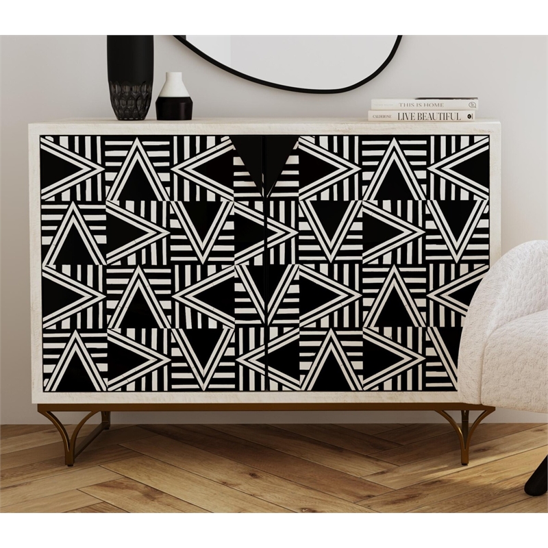 Pemberly Row Whitewash Bone and Resin Bar Cabinet in Gold Base