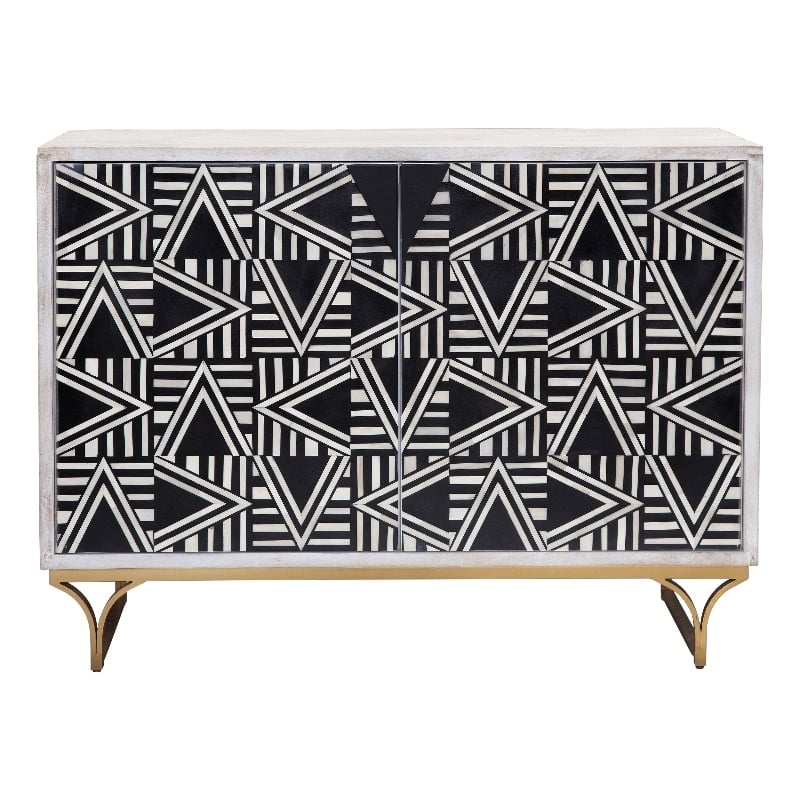 Pemberly Row Whitewash Bone and Resin Bar Cabinet in Gold Base