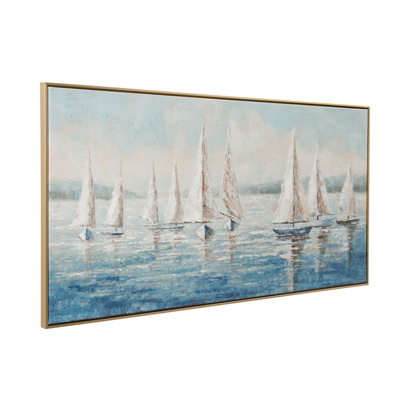Pemberly Row Modern Coastal Sailboat Framed Canvas with Gold Frame