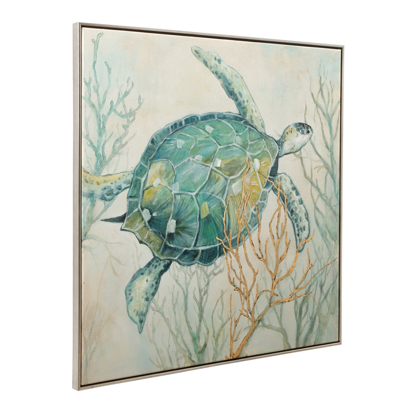Pemberly Row Coastal Sea Turtle Framed Canvas in Silver Frame
