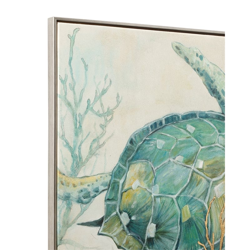 Pemberly Row Coastal Sea Turtle Framed Canvas in Silver Frame