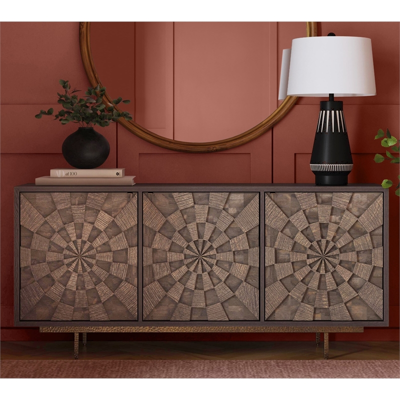 Pemberly Row Boho 3-Door Mango Wood Server in Natural Sandblasted