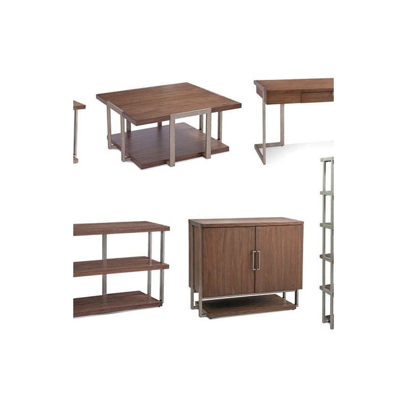 Pemberly Row Mid-Century Walnut Cocktail Table with Gold Metal