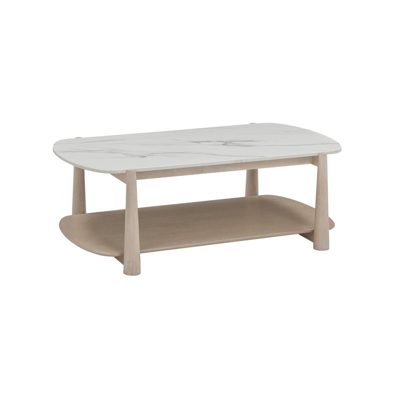 Pemberly Row Modern Coastal White Marble Coffee Table in White Oak