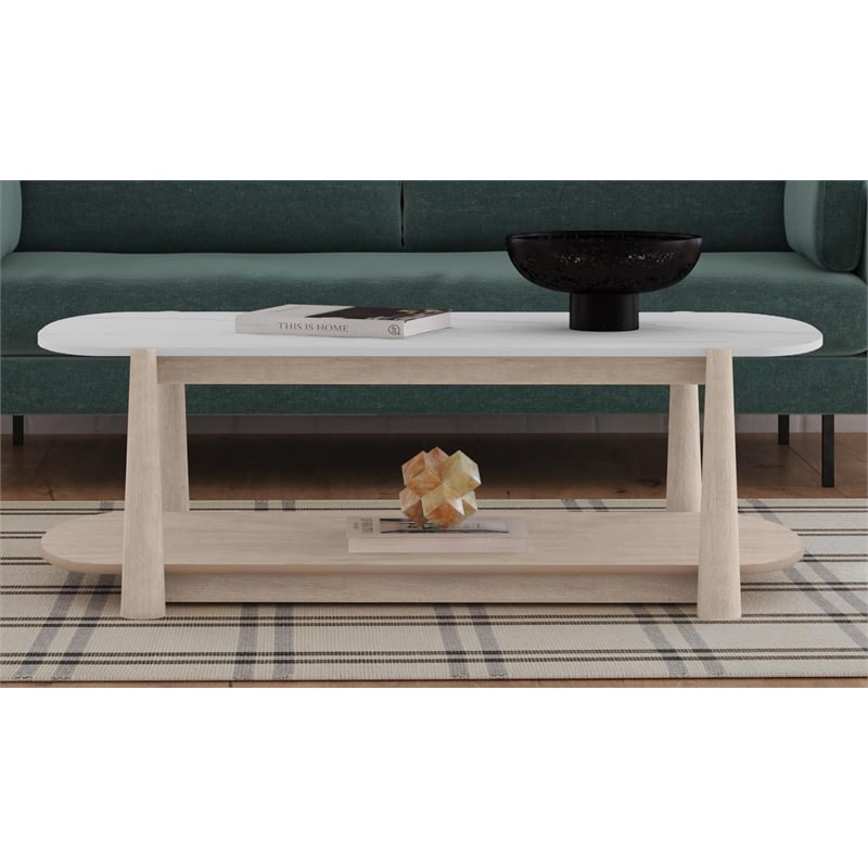 Pemberly Row Modern Coastal White Marble Coffee Table in White Oak