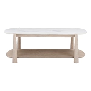 Pemberly Row Modern Coastal White Marble Coffee Table in White Oak