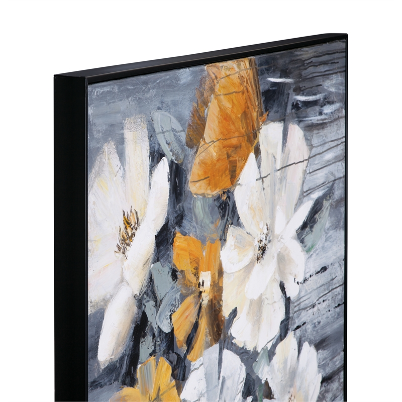 Pemberly Row Modern Floral Hand Painted Canvas in Black Frame