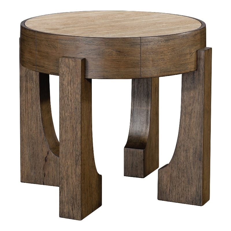 Pemberly Row Rustic Modern End Table with Travertine Stone Top