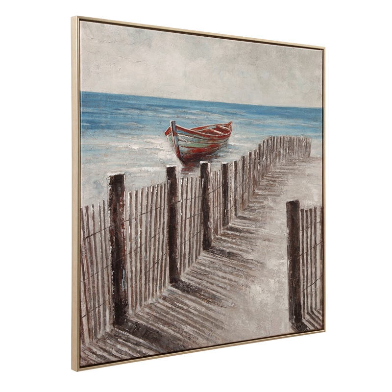 Pemberly Row Coastal Landscape Framed Canvas in Neutral Blue