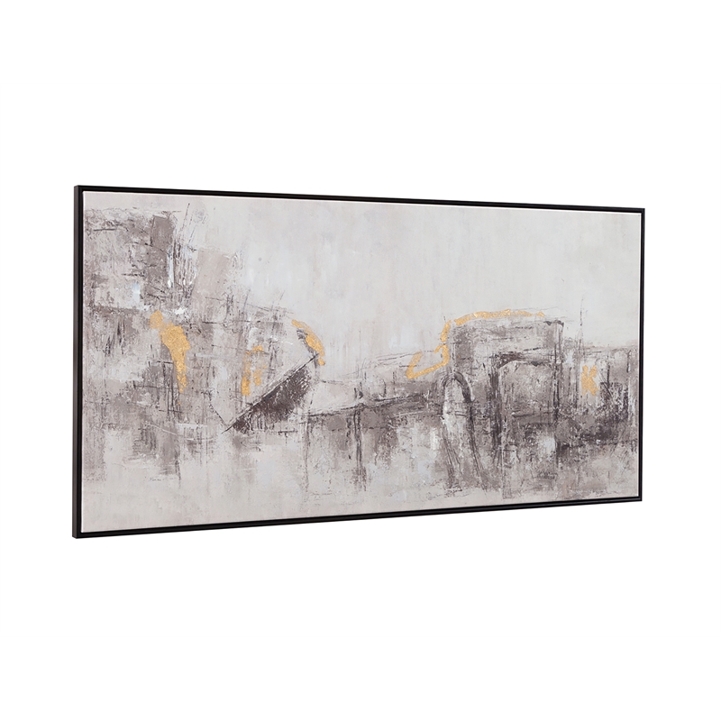 Pemberly Row Neutral Abstract Canvas with Gold in Black Frame