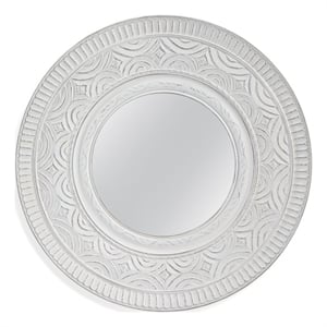 Pemberly Row Large Carved Round Wall Mirror in Distressed White
