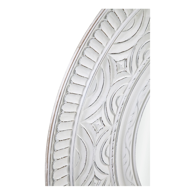 Pemberly Row Large Carved Round Wall Mirror in Distressed White