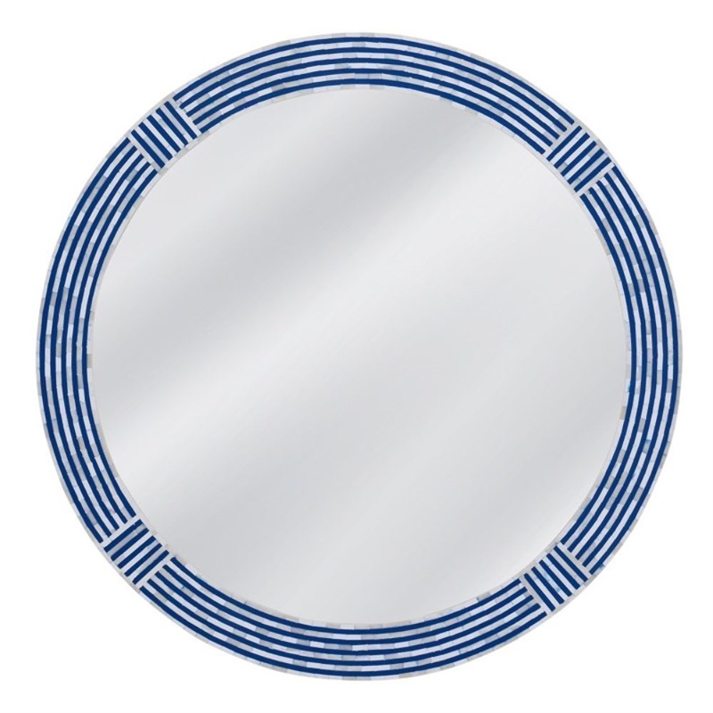 Pemberly Row Coastal Boho Round Wall Mirror in Blue Resin Bone