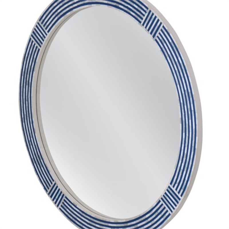 Pemberly Row Coastal Boho Round Wall Mirror in Blue Resin Bone