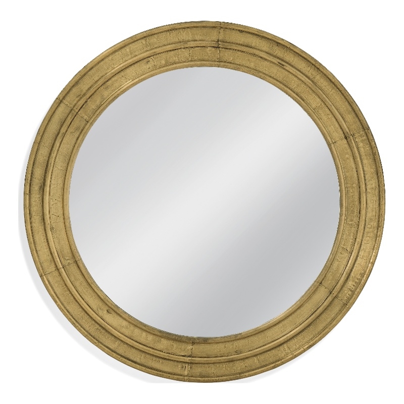 Pemberly Row Contemporary Round Brass Clad Wall Mirror in Gold