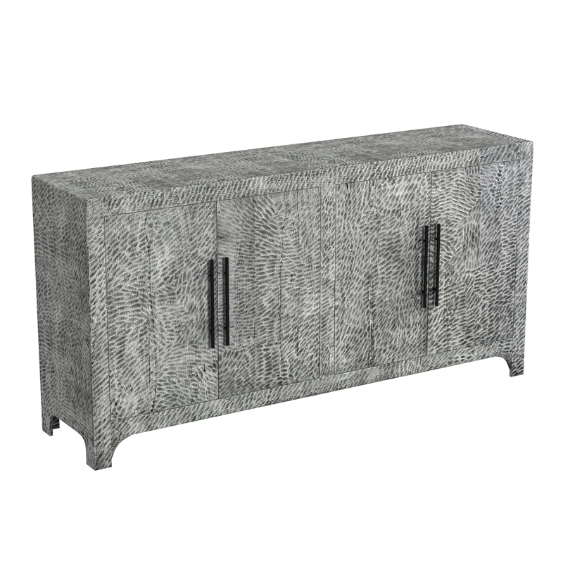 Pemberly Row Boho Carved Mango Wood 4-Door Server in Gray Wash