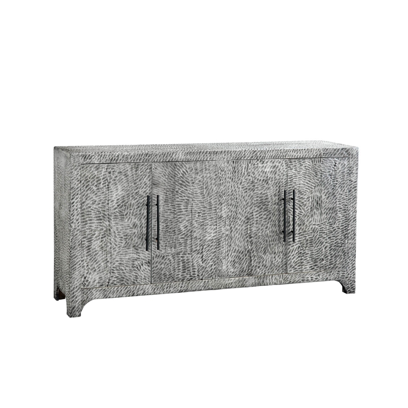 Pemberly Row Boho Carved Mango Wood 4-Door Server in Gray Wash