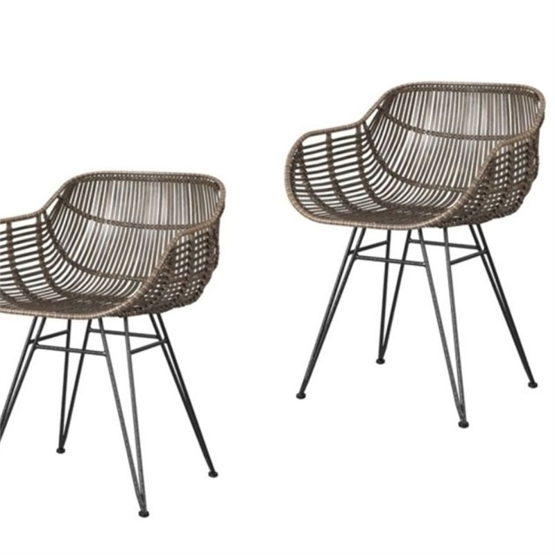 Pemberly Row Modern Boho Rattan Woven Arm Dining Chair Set of 2