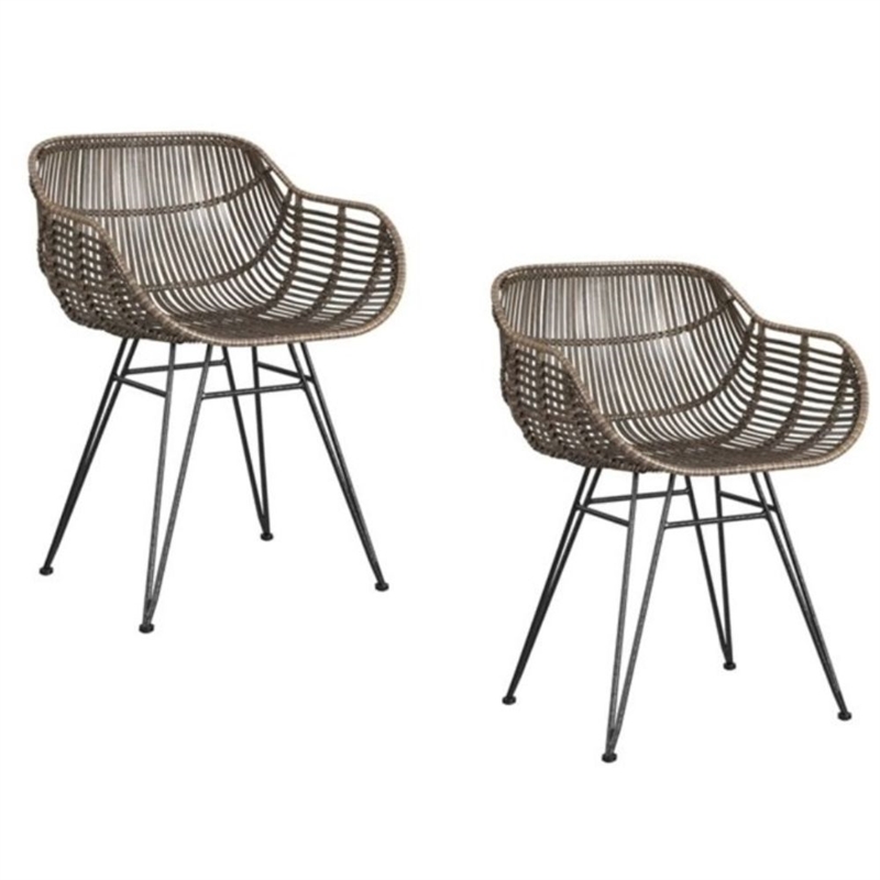 Pemberly Row Modern Boho Rattan Woven Arm Dining Chair Set of 2