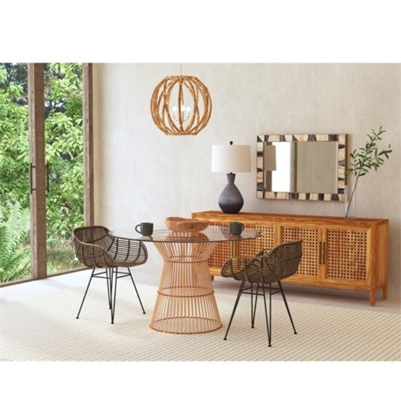 Pemberly Row Modern Boho Rattan Woven Arm Dining Chair Set of 2