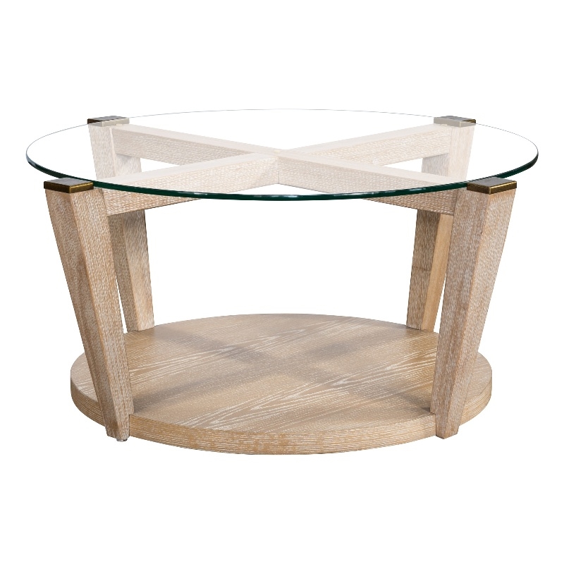 Pemberly Row Coastal Wire-Brushed Cocktail Table in Bleached Oak