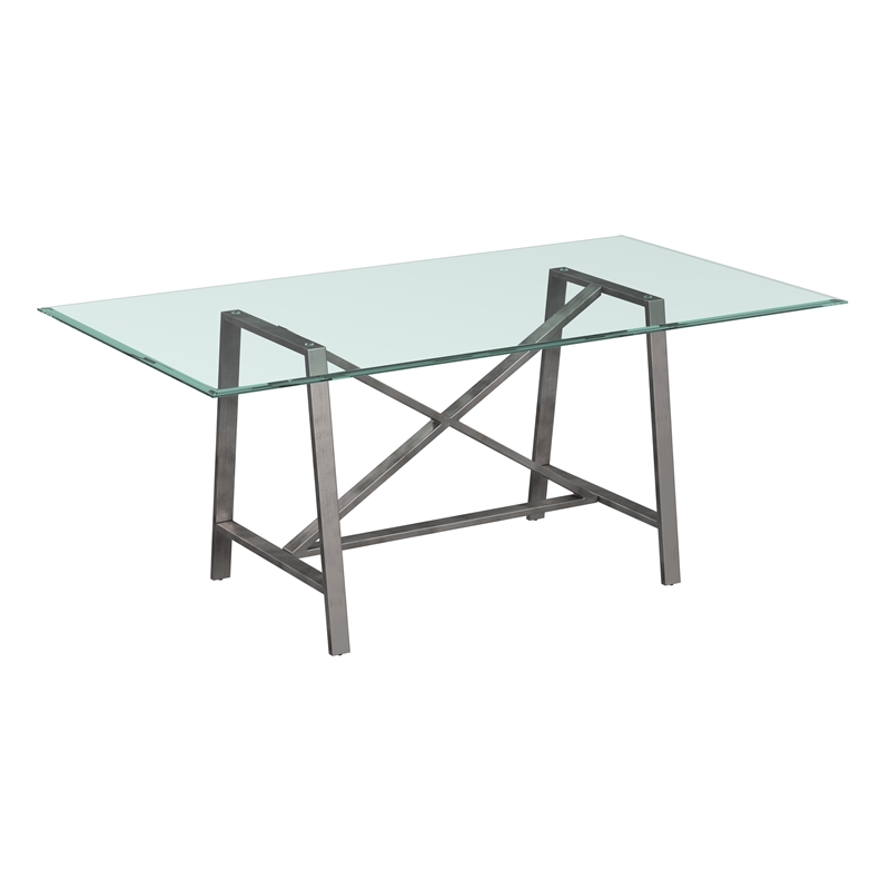 Pemberly Row Modern X-Base Metal and Glass Dining Table in Pewter