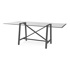 Pemberly Row Modern X-Base Metal and Glass Dining Table in Pewter