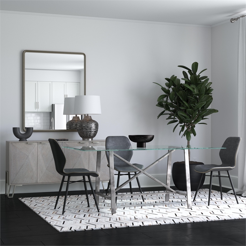 Pemberly Row Modern X-Base Metal and Glass Dining Table in Pewter