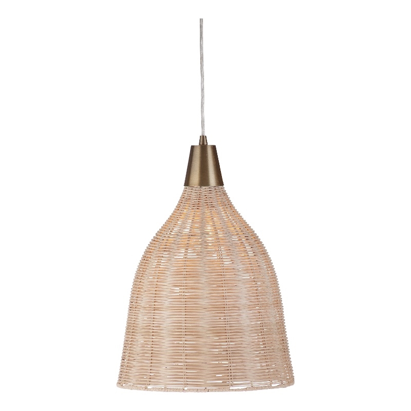 Pemberly Row Modern Rattan and Brass Pendant Lamp in Natural Brown