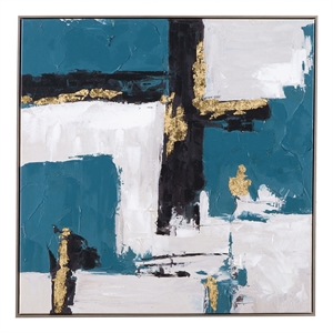 Pemberly Row Modern Abstract Teal and Gold Canvas in Silver Frame